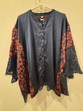 Free People Navy Button-Front Blouse with Coral Floral Sleeves